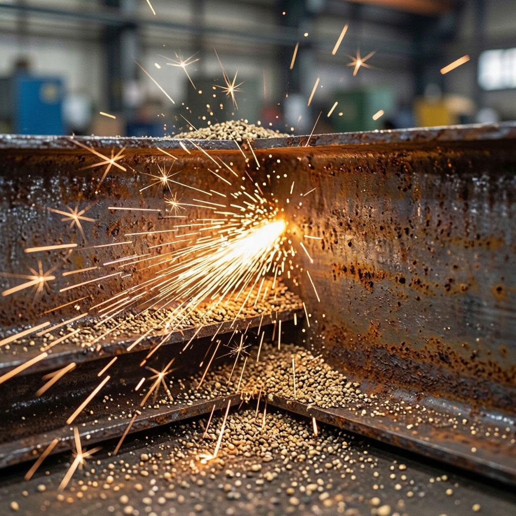 Sandblasting sparks against steel structure